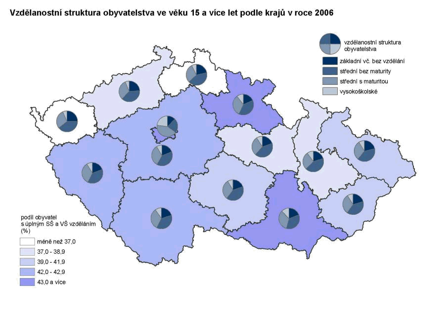 Kartogram 9 Vzdělanostní struktura obyvatelstva ve věku 15 a více let podle krajů  v roce 2006
